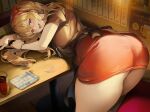  1girl ass bent_over blonde_hair blush breasts commentary_request cup drink highres indoors large_breasts long_hair looking_at_viewer looking_back open_mouth original red_eyes red_skirt sage_joh short_sleeves skirt smile solo table thighs 