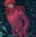  1boy flower green_eyes hands_in_pockets highres jacket kurama_(yu_yu_hakusho) kwsby_124 long_hair long_sleeves looking_to_the_side male_focus pants pink_jacket pink_pants plant red_hair rose school_uniform sidelocks signature solo thorns upper_body yu_yu_hakusho 