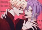  2boys black_eyeliner black_vest blonde_hair blue_hair candy chocolate chocolate_bar commentary double-parted_bangs english_text facial_mark food food_in_mouth from_side gradient_hair hair_between_eyes hand_on_another&#039;s_shoulder happy_valentine heart heart_facial_mark highres impact_(font) kamishiro_rui light_blue_hair long_bangs long_sleeves looking_at_viewer looking_back lower_teeth_only mouth_hold multicolored_hair multiple_boys mumuchin_(mmn_xb) necktie open_mouth orange_eyes orange_hair pink_background project_sekai purple_hair red_necktie red_shirt shirt staring streaked_hair teeth teeth_hold tenma_tsukasa tsurime two-tone_hair upper_body vest waistcoat yaoi yellow_eyes 