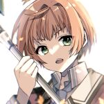  1boy blurry brown_hair eiyuu_densetsu elliot_craig green_eyes holding holding_staff looking_at_viewer natsusechoco necktie open_mouth portrait sen_no_kiseki simple_background smile solo staff thors_military_academy_class_vii_uniform uniform white_background 