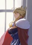  1girl absurdres ahoge artoria_pendragon_(fate) artoria_pendragon_(lancer)_(fate) blonde_hair blue_leotard blurry braid breasts cape closed_mouth commentary_request crown depth_of_field fate/grand_order fate_(series) freedomexvss french_braid fur-trimmed_cape fur_trim green_eyes hair_between_eyes highres indoors large_breasts leotard looking_to_the_side lying on_side profile red_cape sidelocks solo upper_body 