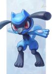  1boy animal_ears animal_feet animal_hands arms_up artist_name black_fur blue_background blue_fur body_fur closed_mouth full_body furry furry_male highres ikei looking_at_viewer male_focus outside_border outstretched_arms pillarboxed pokemon pokemon_(creature) red_eyes riolu signature simple_background snout solo standing tail two-tone_fur 