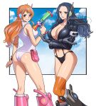  2girls artist_name ass bare_shoulders belt_bag black_gloves black_hair black_jacket blue_sky blush boots border bracelet breasts brown_eyes cleavage closed_mouth cloud cloudy_sky commentary_request eyelashes feet_out_of_frame from_behind gloves gun hand_up happy headphones highres holding holding_gun holding_weapon hooded_leotard jacket jewelry knee_boots large_breasts leotard log_pose long_hair looking_at_viewer looking_back looking_to_the_side multiple_girls nami_(one_piece) navel nico_robin official_alternate_costume one_piece orange_hair orange_thighhighs outside_border pink_bag pink_footwear pink_headphones science_fiction sky smile standing thighhighs thighs twitter_username weapon white_border white_leotard youkan_(tako) 