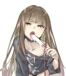  1boy bad_id bad_pixiv_id black_shirt brown_hair collarbone food green_eyes gretel_(sinoalice) happy_turn2 holding holding_food leaning_forward licking long_hair long_sleeves male_focus mask mouth_mask open_mouth otoko_no_ko popsicle sexually_suggestive shirt simple_background sinoalice solo tongue tongue_out white_background 