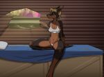  amputee anthro bed blonde_hair bra breasts brown_body brown_fur brown_nose canid canine canis clothed clothing digital_media_(artwork) disability dobermann domestic_dog female fur furniture gewitter hair hi_res mammal navel panties pinscher shaded solo underwear 