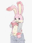  anthro apluss arcade_bunny bottomwear bottomwear_pull buckteeth clothed clothing clothing_lift clothing_pull flaccid fur genitals happy hi_res lagomorph leporid male mammal navel pants pants_pull penis pink_body pink_fur presenting rabbit shirt shirt_lift solo teeth topwear young 