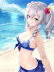  1girl bare_arms bare_shoulders beach bikini blue_bikini blue_eyes breasts closed_mouth collarbone day grey_hair hair_between_eyes highres kantai_collection kashima_(kancolle) kotou_yogen long_hair medium_breasts ocean outdoors smile solo swimsuit twintails upper_body 