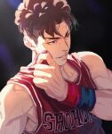  1boy absurdres basketball_jersey black_background black_eyes black_hair black_wristband bui_(buupopopopopo) hand_up highres male_focus miyagi_ryouta parted_lips red_tank_top red_wristband short_hair slam_dunk_(series) smile solo sweat tank_top undercut upper_body v-shaped_eyebrows 