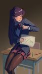  1girl absurdres black_eyes black_hair blazer blue_jacket bow chair closed_mouth collared_shirt desk diagonal-striped_bow diagonal-striped_bowtie diagonal-striped_skirt highres holding holding_notebook itan_private_high_school_uniform jacket komi-san_wa_komyushou_desu komi_shouko long_hair looking_at_viewer mazzenka meme notebook on_desk pencil school_desk school_uniform shirt sitting skirt solo striped striped_bow striped_skirt twitter_strip_game_(meme) white_shirt 