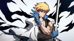  1boy absurdres blonde_hair blue_eyes blue_gloves electricity fingerless_gloves gloves guilty_gear guilty_gear_strive hair_between_eyes highres jacket jacket_on_shoulders ky_kiske looking_at_viewer male_focus partially_fingerless_gloves pectoral_cleavage pectorals short_hair simple_background smile thunderseal white_jacket yzbr 