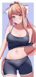  1girl absurdres black_shorts black_sports_bra bow breasts brown_hair clothes_pull collarbone doki_doki_literature_club green_eyes hair_bow highres long_hair looking_at_viewer medium_breasts mi_tarou0412 monika_(doki_doki_literature_club) navel ponytail shorts solo sports_bra sports_bra_pull white_bow 