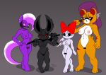  2spot_studio accessory anthro bear bloody_bunny_(series) bow_ribbon breasts bye-bye_kitten censored censored_genitalia crossgender dark_rabbit_(bloody_bunny) ear_piercing equid equine feet felid feline female genitals grey_background group hair_accessory hair_bow hair_ribbon hammer hi_res horse jo-vee-al katana lagomorph leporid mammal melee_weapon mtf_crossgender nipples nude piercing pony rabbit razor_mane ribbons serious_kuma_(bloody_bunny) simple_background sword tail tools weapon 