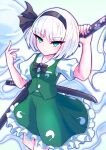  1girl black_bow black_bowtie black_hairband black_ribbon blue_eyes bob_cut bow bow_hairband bowtie collared_shirt frilled_skirt frills green_skirt green_vest gvxvg00 hair_ribbon hairband highres hitodama_print holding holding_weapon katana konpaku_youmu konpaku_youmu_(ghost) puffy_short_sleeves puffy_sleeves ribbon shirt short_hair short_sleeves skirt solo sword touhou vest wakizashi weapon white_hair white_shirt 