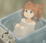  1girl bathing bathroom bathtub blue_eyes blush bow brown_hair completely_nude dated faucet green_bow hair_bow highres idolmaster idolmaster_(classic) idolmaster_million_live! idolmaster_million_live!_theater_days kirie_dou knees_up long_hair looking_at_viewer looking_up nude open_mouth partially_submerged signature sitting solo steam takatsuki_yayoi twintails 