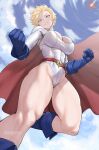  1girl anagumasan belt blonde_hair blue_eyes blue_footwear blue_gloves blue_sky boots breasts cape cleavage cleavage_cutout clenched_hand closed_mouth clothing_cutout cloud cloudy_sky day dc_comics flying gloves highleg highleg_leotard highres knee_boots large_breasts leotard lips long_sleeves meteor midair muscular muscular_female outdoors power_girl red_cape shiny_skin short_hair simple_background sky solo superhero thighs toned white_leotard 