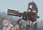  3girls architect_(girls&#039;_frontline) beret black_hair blonde_hair blue_eyes braid breasts brown_hair cleavage commission firing fnc_(girls&#039;_frontline) giant giantess girls&#039;_frontline gun h&amp;k_ump hair_ornament hat holding holding_gun holding_weapon jupiter_cannon_(girls&#039;_frontline) large_breasts long_hair multiple_girls one_side_up open_mouth pixiv_commission purple_eyes sangvis_ferri smile snow snowing submachine_gun tab_(tabkun) twintails ump9_(girls&#039;_frontline) very_long_hair weapon 