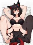  1girl ahoge animal_ear_fluff animal_ears arms_up bare_arms barefoot bed_sheet black_bra black_hair black_shorts blush bra braid breasts cameltoe ear_piercing fox_ears fox_tail glasses highres hololive kurokami_fubuki large_breasts looking_at_viewer lying nail_polish navel no_shoes on_back on_bed open_mouth piercing pillow red_eyes short_shorts shorts single_braid single_thighhigh smile solo tail thighhighs toenail_polish toenails underwear varniskarnis virtual_youtuber 