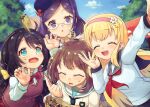  4girls black_hair blonde_hair blue_eyes blue_sky blush closed_eyes ensemble_girls! glasses head_tilt headband hino_kurumi hisayoshi_(hisa) kijishi_sumire kimisaki_school_uniform kobato_azusa kumasawa_himeno long_hair looking_at_viewer low_ponytail multiple_girls open_mouth pink_headband purple_eyes purple_hair school_uniform short_hair sky smile 