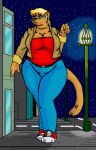  anthro belly belt big_breasts blonde_hair blue_eyes bottomwear breasts building clothing danellz domestic_cat felid feline felis female footwear hair jacket mammal night overweight overweight_anthro overweight_female pants road shirt shoes sidewalk sky sneakers solo star starry_sky street_lamp thick_thighs topwear 