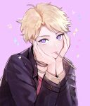  1boy blonde_hair commentary ensemble_stars! food_in_mouth hands_on_own_face hands_up highres long_sleeves looking_at_viewer male_focus narukami_arashi pink_background pocky_in_mouth purple_eyes riri_(artist) short_hair solo star_(symbol) upper_body 
