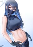  1girl black_gloves blue_archive blue_eyes blue_hair breasts cliov crop_top gloves halo highres large_breasts long_hair mask mouth_mask navel saori_(blue_archive) solo stomach v-shaped_eyebrows 