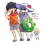  1girl 2boys accelerator_(toaru_majutsu_no_index) albino black_choker black_eyes black_hair blonde_hair blue_eyes blush chibi choker crocs cup dress drinking drinking_straw drinking_straw_in_mouth electrodes eyewear_on_head flower_wreath food frown gekota grey_shorts hand_up hat hawaiian_shirt holding holding_cup holding_innertube ice_cream ice_cream_float innertube kamijou_touma kanji leivinia_birdway mug multiple_boys pale_skin ryokutou sandals shirt short_hair shorts smile spiked_hair sun_hat sunglasses toaru_majutsu_no_index white_background white_dress white_hair 