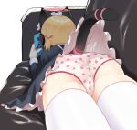  1girl animal_ear_headphones animal_ears ass black_dress blue_archive cat_ear_headphones cat_tail couch dress facing_away fake_animal_ears fake_tail from_behind game_console halo handheld_game_console headphones highres long_sleeves lying momoi_(blue_archive) nintendo_switch on_couch on_stomach panties pink_halo playing_games polka_dot polka_dot_panties solo tail teruisi thighhighs underwear white_thighhighs 