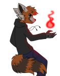  ailurid alyx_(not_odessa) anthro bottomwear brown_eyes clothing cybernetic_limb elemental_manipulation evil_grin eyebrows fire fire_manipulation fur hair hoodie inner_ear_fluff magic male mammal orange_body orange_fur pegacousin red_panda shaded simple_shading smile solo teeth teeth_showing topwear tuft 