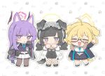  3girls animal_ears animal_print arm_up black_gloves black_hair black_jacket black_skirt blue_archive blush bone_print cat_ears cat_girl cat_print cat_tail chibi closed_eyes closed_mouth dog_ears dog_girl dog_tail engineering_department_(blue_archive) eyewear_on_head fishnet_pantyhose fishnets floating_headgear gloves goggles goggles_on_head hair_bobbles hair_ornament halo hands_up headgear hibiki_(blue_archive) highres jacket kemonomimi_mode kotori_(blue_archive) long_hair long_sleeves looking_at_viewer moita_3 multiple_girls necktie open_clothes open_jacket open_mouth pantyhose paw_pose paw_print purple_eyes purple_hair short_hair simple_background skirt smile tail teardrop-framed_glasses utaha_(blue_archive) white_background 