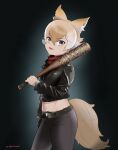  1girl animal_ears baseball_bat beleven belt black_belt black_gloves black_jacket black_pants blonde_hair cosplay cowboy_shot coyote_(kemono_friends) crop_top extra_ears gloves hair_between_eyes highres jacket kemono_friends kemono_friends_v_project light_brown_hair long_sleeves looking_at_viewer midriff_peek multicolored_hair navel negan_smith_(the_walking_dead) negan_smith_(the_walking_dead)_(cosplay) pants red_scarf scarf sidelocks single_glove solo tail tekken the_walking_dead virtual_youtuber white_hair wolf_ears wolf_girl wolf_tail yellow_eyes 