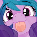  &lt;3 &lt;3_eyes blue_hair breaking_the_fourth_wall digital_media_(artwork) emberslament equid equine eyebrow_through_hair eyebrows female feral hair hasbro hi_res hooves horn izzy_moonbow_(mlp) licking looking_at_viewer mammal mlp_g5 my_little_pony purple_body purple_eyes purple_hooves tongue tongue_out translucent translucent_hair unicorn 