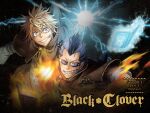 2boys black_clover blonde_hair blue_aura book bruise cover crazy_eyes crazy_smile dvd_cover electricity electrokinesis fiery_aura fire floating floating_book floating_object grimoire grin highres incoming_attack injury luck_voltia magna_swing male_focus multiple_boys official_art pyrokinesis short_hair smile spiked_hair stitches sunglasses tabata_yuuki upper_body 