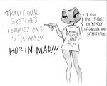  absurd_res amphibian anthro beatriz_overseer beatriz_resont bottomless chochi clothed clothing collar dialogue eyelashes female female_anthro frog gesture half-closed_eyes hi_res looking_aside narrowed_eyes one_arm open_mouth partially_clothed pointing simple_background solo text text_on_clothing text_on_topwear topwear white_background 