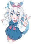  1girl blue_eyes blue_hair bow casual fins fish_tail gawr_gura hair_bow highres hololive hololive_english multicolored_hair open_mouth shark_tail sharp_teeth solo streaked_hair tail teeth tosyeo twintails two-tone_hair v virtual_youtuber white_hair 