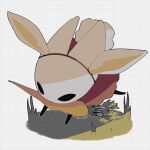  1girl alicezakat all_fours animal_ears arthropod_girl artist_name black_eyes black_skin blank_eyes bunny_day carrot cloak colored_skin commentary english_commentary fake_animal_ears fake_tail full_body grass grey_background grid_background highres hollow_knight hornet_(hollow_knight) mouth_hold rabbit_ears rabbit_tail red_cloak running simple_background solo tail twitter_username watermark 