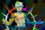  1boy abs black_clover black_clover:_sword_of_the_wizard_king conrad_leto halo highres io_zora looking_at_viewer male_focus multicolored_wings parted_lips pectorals short_hair signature solo topless_male white_eyes white_hair wings 