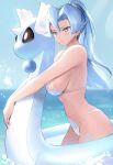  1girl artist_name bikini blue_eyes blue_hair blue_sky breasts clair_(pokemon) closed_mouth dragonair hair_between_eyes highres innertube large_breasts long_hair ocean partially_submerged pokemon pokemon_(game) pokemon_gsc ponytail sideboob sky swimsuit tommy_(kingdukeee) tooth_earrings white_bikini 