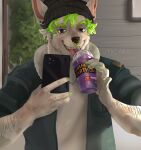  absurd_res anthro canid canine canis clothed clothing domestic_dog fully_clothed grimace_birthday_shake hi_res juckxony male mammal meme mirror piercing selfie solo 