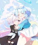  2girls absurdres ajeu914 arona_(blue_archive) black_coat black_hairband black_serafuku blue_archive blue_eyes blue_hair blue_shirt blue_sky braid choker closed_eyes closed_mouth cloud cloudy_sky coat commentary_request hair_over_one_eye hair_ribbon hairband happy highres long_coat long_hair long_sleeves looking_at_another multicolored_hair multiple_girls neckerchief one_eye_covered open_clothes open_coat open_mouth pink_hair plana_(blue_archive) ribbon sailor_collar school_uniform serafuku shirt short_hair side_braid skirt sky smile streaked_hair very_long_hair white_choker white_neckerchief white_ribbon white_sailor_collar white_skirt 