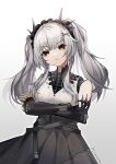  black_skirt brown_eyes crossed_arms doll_joints grey_hair hair_ornament joints karenina_(punishing:_gray_raven) long_hair looking_at_viewer mechanical_arms open_mouth punishing:_gray_raven shirt sidelocks skirt tiara twintails twitter_username white_shirt x_hair_ornament yan_bai_tai 