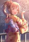  1girl absurdres aerial_fireworks backlighting blush bow brown_eyes brown_hair citrusmikan cityscape fence fireworks floral_print flower from_behind hair_bow hair_flower hair_ornament hair_ribbon highres idolmaster idolmaster_cinderella_girls idolmaster_cinderella_girls_starlight_stage igarashi_kyoko japanese_clothes kimono long_hair looking_at_viewer looking_back night obi open_mouth pointy_ears ribbon sash side_ponytail smile solo yellow_kimono yukata 