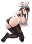  1girl absurdres ayloss black_hair black_panties black_thighhighs blue_archive breasts breasts_out commentary feet from_behind highres large_breasts long_hair looking_at_viewer panties pantyhose rio_(blue_archive) sweat thighhighs underwear underwear_only 