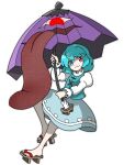  1girl blue_eyes blue_hair blue_skirt blue_vest closed_mouth commentary edwardmidori full_body heterochromia holding holding_umbrella juliet_sleeves karakasa_obake long_sleeves looking_at_viewer parody puffy_sleeves red_eyes shirt short_hair simple_background skirt solo style_parody sugimori_ken_(style) tatara_kogasa tongue touhou umbrella vest white_background white_shirt 