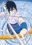  1boy aiming black_hair bow_(weapon) ebata_kyouhei expressionless highres male_focus naruto_(series) naruto_shippuuden red_eyes ripples rope sharingan solo uchiha_sasuke wading weapon 