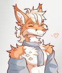  &lt;3 ambiguous_gender anthro blue_scarf chest_tattoo eyebrows fur hair hi_res inner_ear_fluff neck_tuft orange_arms orange_body orange_ears orange_eyebrows orange_fur orange_nose ramiil scarf simple_background solo tattoo tuft white_background white_body white_chest white_fur white_hair 