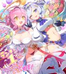  2girls absurdres ahoge artist_request balloon black_gloves blue_eyes blue_hair bouquet breasts character_request cleavage collared_shirt confetti gauntlets gloves hair_ornament halo highres holding holding_bouquet holding_hands large_breasts leggings medium_breasts multiple_girls navel official_art one_eye_closed open_mouth panties pink_hair pleated_skirt red_panties shirt skirt smile thighhighs twinkle_star_knights underwear white_gloves yellow_eyes 