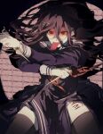  1girl :p black_skirt black_thighhighs brick_wall danganronpa:_trigger_happy_havoc danganronpa_(series) fukawa_toko genocider_shou hair_ornament hairclip highres holding holding_scissors leg_tattoo long_sleeves messy_hair pleated_skirt purple_shirt red_eyes scissors semi-rimless_eyewear shirt skirt solo tattoo thighhighs tongue tongue_out yochilyee 