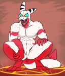  2019 60percentscalie abs animal_genitalia anthro crouching digitigrade dovak dragon genital_slit genitals male nude open_mouth pentagram simple_background slit solo spade_tail spread_legs spreading summoning_circle tail 