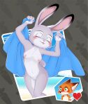  absurd_res anthro beach blush butt carrot casual_exposure casual_nudity disney duo exposed female food hi_res judy_hopps male male/female nick_wilde nipples nude plant presenting presenting_hindquarters pubes seaside summer surprised_expression towel unolvidadomas vegetable zootopia 