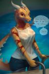  anthro bald bristlebunnyart clothing dragon female hi_res horn horned_humanoid horned_tail humanoid markings orange_body prank red_eyes red_markings shirt solo speech_bubble swimming_pool text topwear wet wet_clothing wet_shirt wet_topwear 